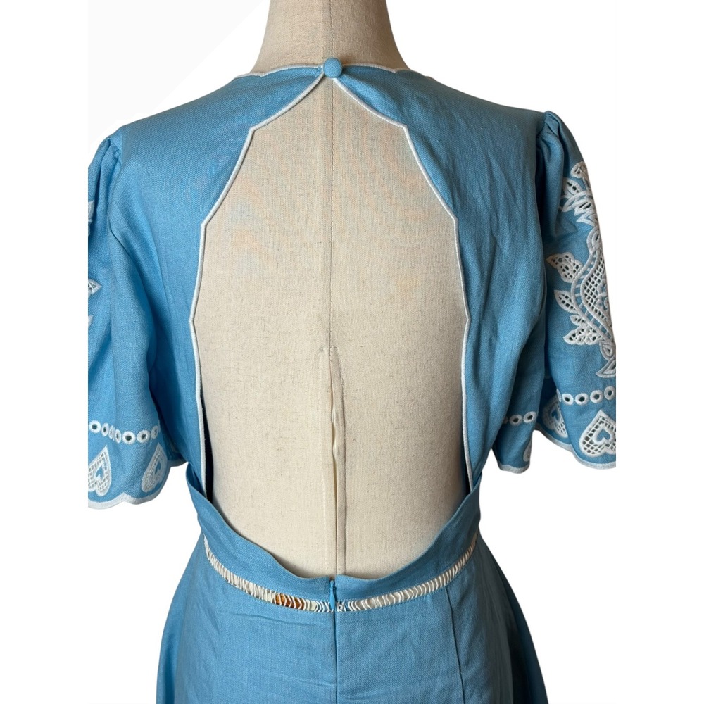 Farm Rio Midi Dress Women Medium Blue Embroidered Linen Open Back Scallop Boho - Picture 8 of 12